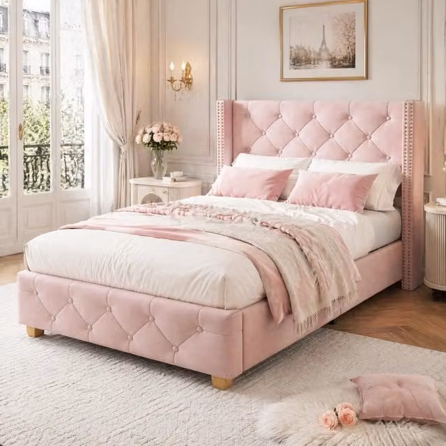 Letto imbottito 90x200 cm in velluto rosa con testiera e rete a doghe