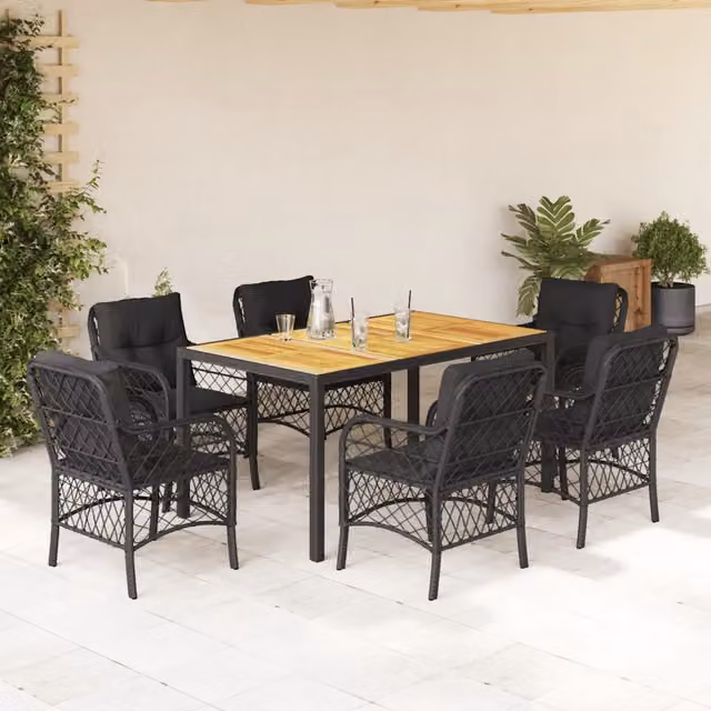 Set da Pranzo da Giardino 7 pz Nero con Cuscini in Polyrattan 3212045