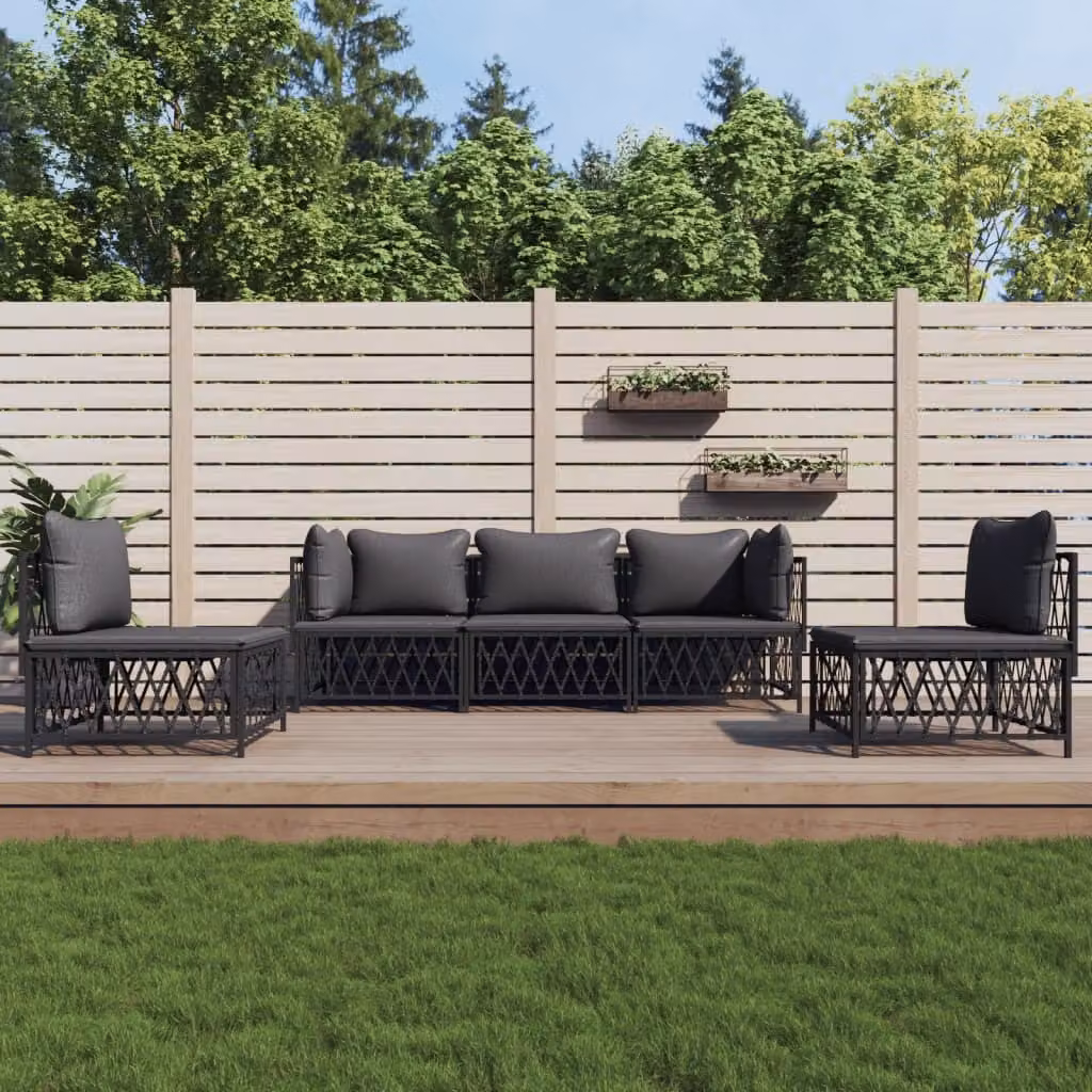 Set da lounge per giardino, 5 pezzi, con cuscini grigio antracite, struttura in acciaio