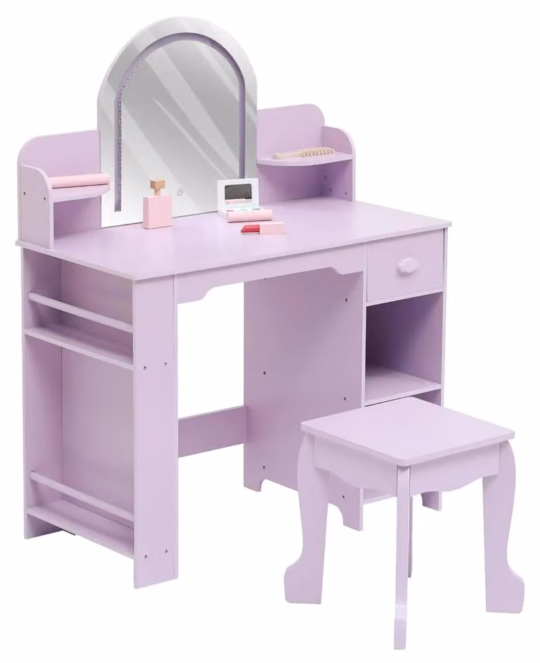 Tavolino da trucco per bambine – Con sgabello – Specchio LED – Funzione touch – 3 modalità di illuminazione regolabile – Spazio contenitivo – Colore lilla