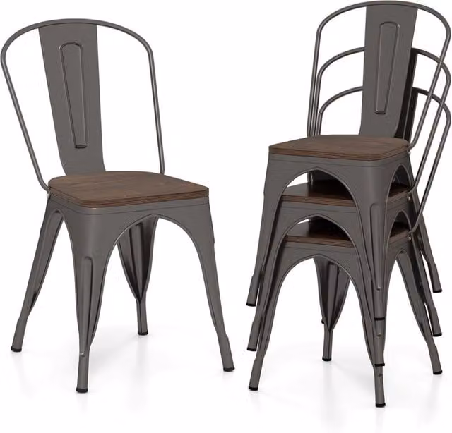 Set di 4 Sedie da Pranzo Impilabili COSTWAY in Legno e Acciaio, Schienale Alto, Colore Bronzo, L 53 cm x P 44,5 cm x H 84 cm – 1