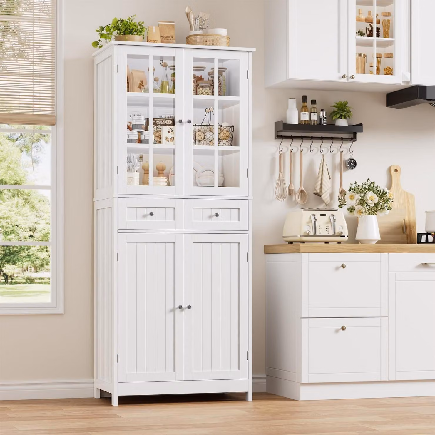 Mobile da cucina da 180 cm con 4 ante, 2 cassetti, 2 ante in vetro, colore bianco