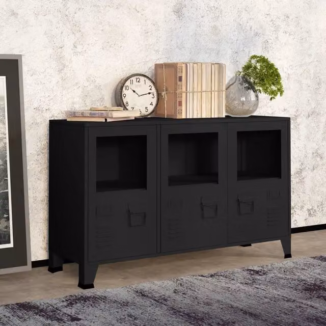 Credenza Industriale vidaXL in Metallo e Vetro Nera L: 105 cm, P: 35 cm, H: 62 cm – 1
