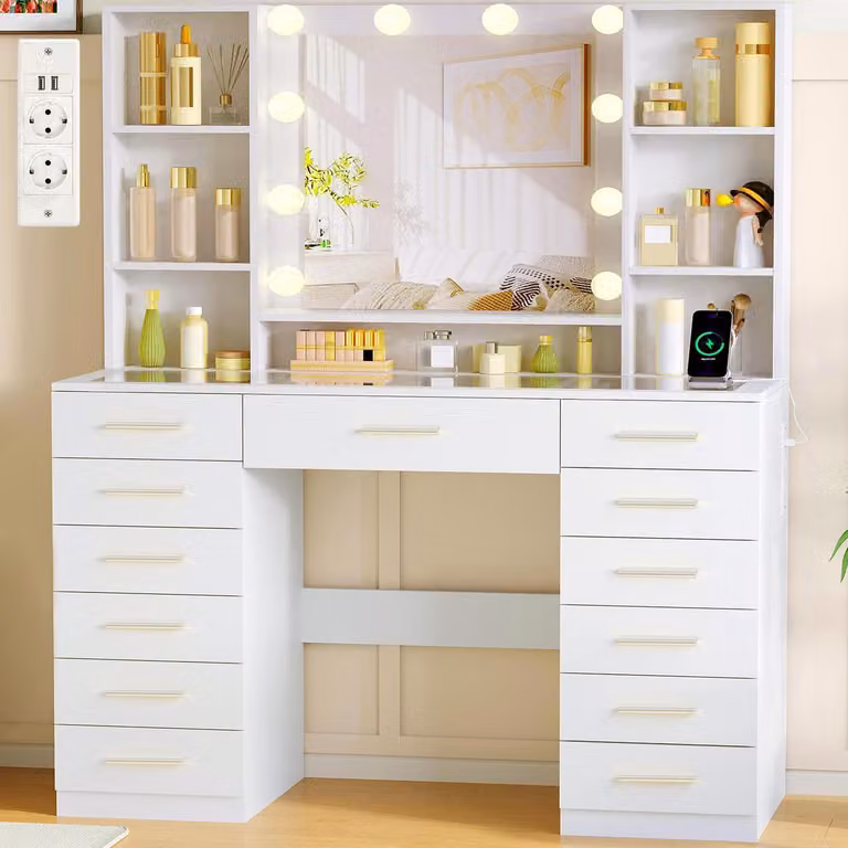 Comò da trucco con illuminazione a LED, specchio, prese di corrente, piano in vetro, 13 cassetti, 7 ripiani, colore bianco