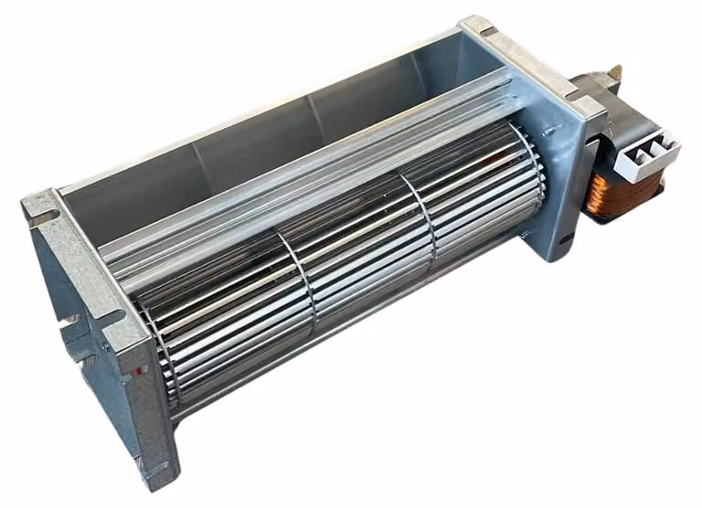 Ventilatore tangenziale da 80 mm, portata di 305 m³/h, potenza di 77 W, dimensioni di 390 mm, per stufe a pellet