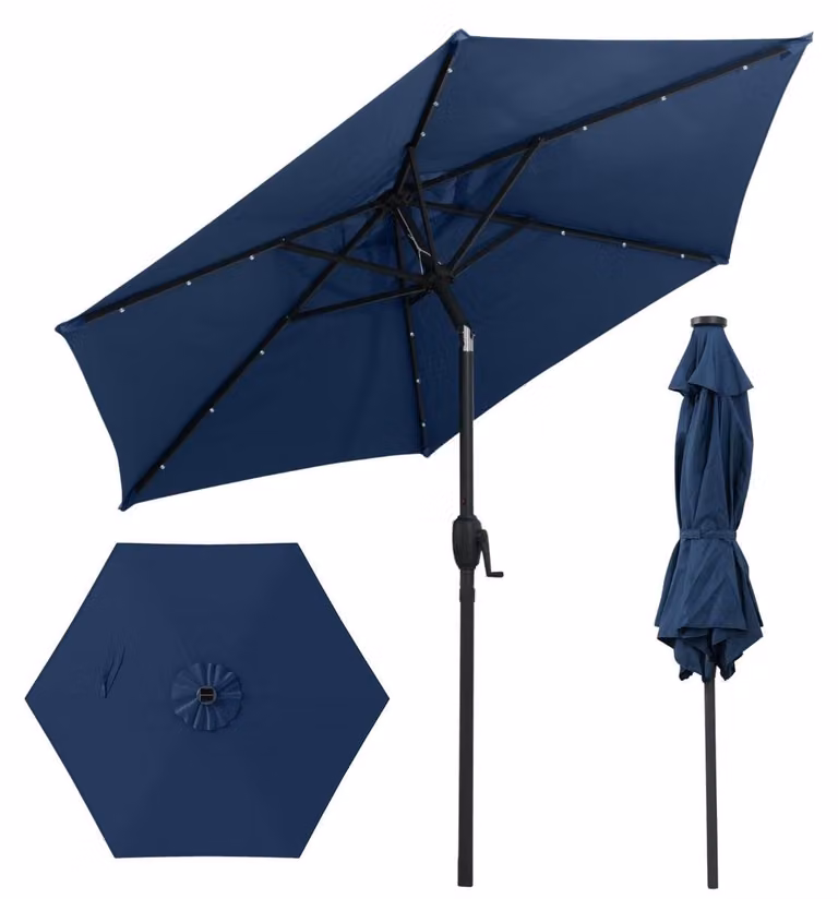 Ombrellone da giardino da 230 cm con luci solari a LED, blu navy