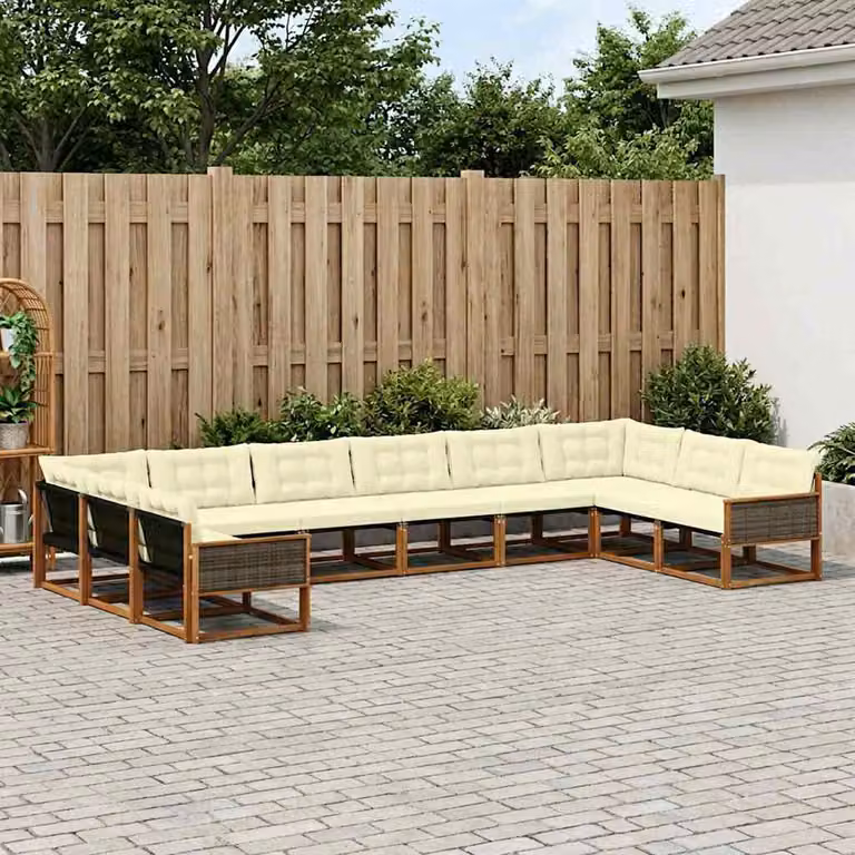 Set di divani da esterno vidaXL a forma di U composto da 10 pezzi in legno di acacia con cuscini rimovibili beige e bianco