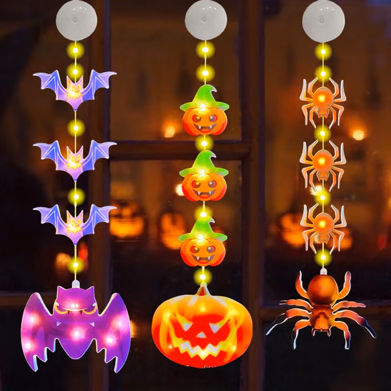 Set di 3 luci LED a forma di zucca per finestre, con ventosa