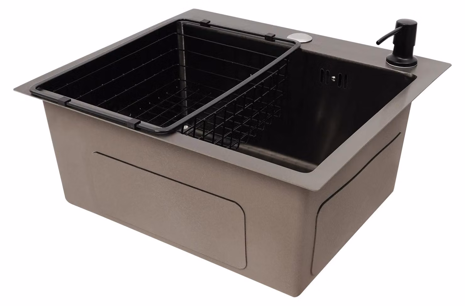 Lavello da cucina - Lavello a una vasca - Acciaio inossidabile 201 - Rivestimento nano nero - Installazione a incasso, a filo piano, sottotop - 2 fori, senza rubinetto, con dispenser per sapone e cestello filtro - Nero