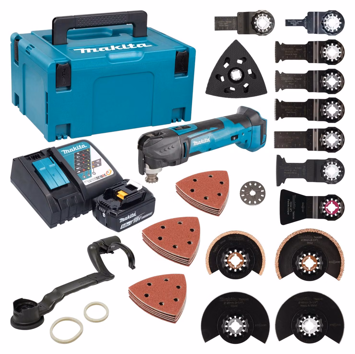 Makita DTM 51 RT1J3 Utensile multifunzione a batteria 18 V + 1x batteria 5,0 Ah + caricabatterie + set di 45 accessori + Makpac