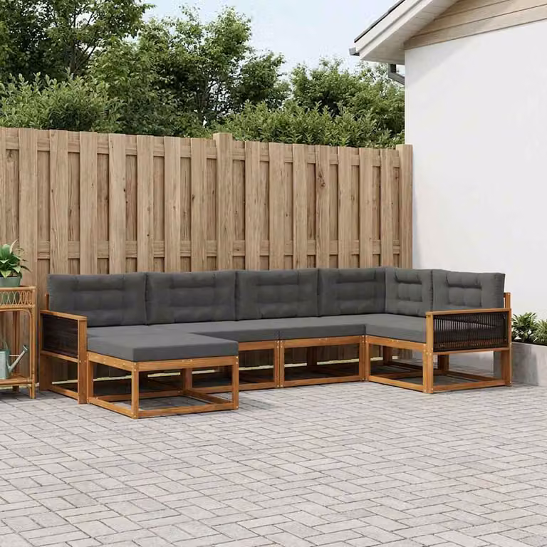 vidaXL Set di divani da esterno a L in legno di acacia con pouf e cuscini, Beige e Antracite