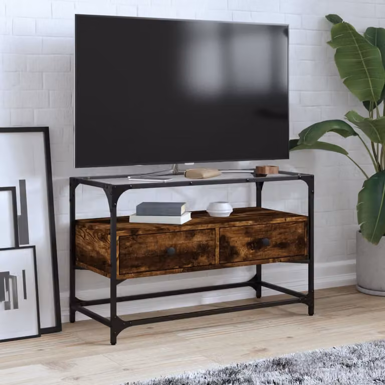 Mobile TV vidaXL in stile industriale con piano in vetro e legno, colore marrone, L 80 cm x P 35 cm x H 51 cm