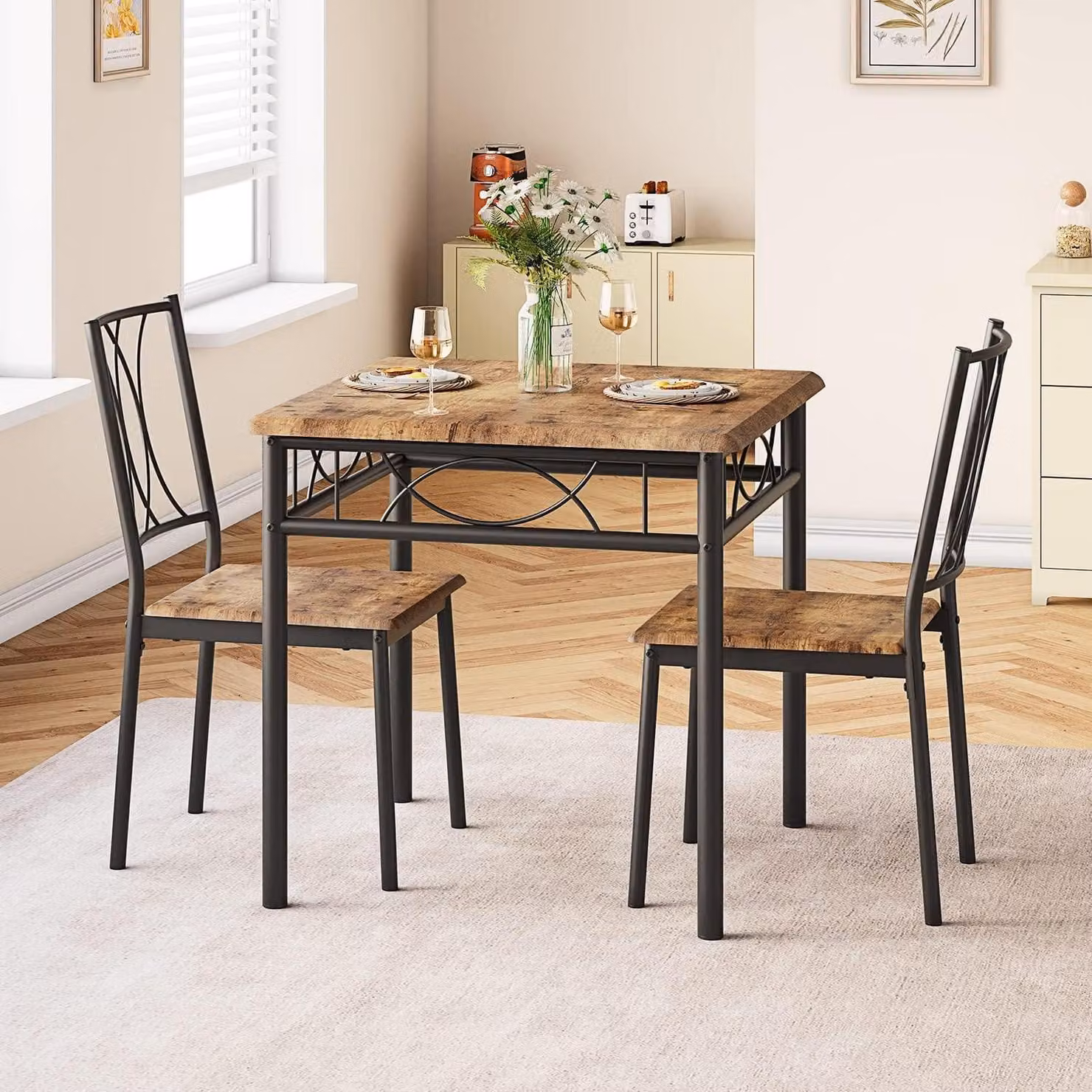 Set tavolo e due sedie quadrato, stile retrò, ideale per piccoli spazi, per 2 persone