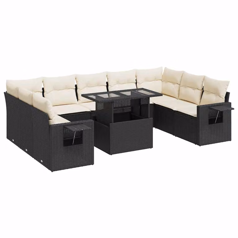Set Divani da Giardino 10pz con Cuscini in Polyrattan Nero