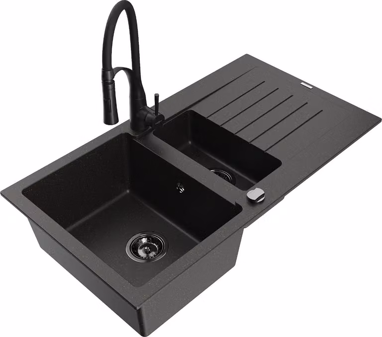 Mexen Matias lavello in granito 1,5 vasca con scolapiatti e rubinetto cucina Aster, nero/oro metallizzato - 6502-75-73450-70-B