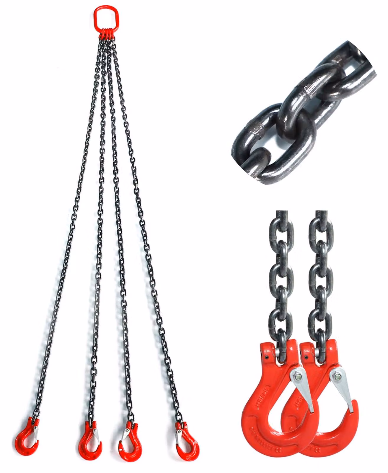 Catena di sollevamento G80 in acciaio al manganese, portata 3000 kg, lunghezza 1,5 metri, diametro 6 mm, con 4 ganci