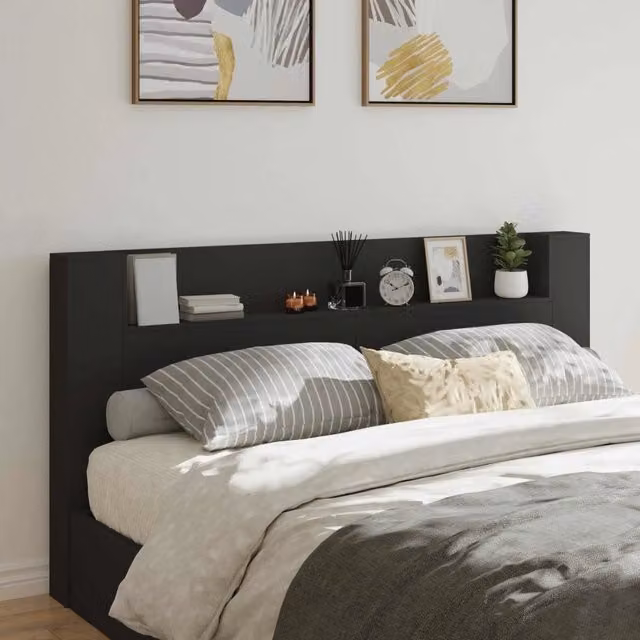 Testiera decorativa moderna vidaXL in legno multistrato nero con illuminazione integrata e mensola, L 200 x P 16,5 x H 103,5 cm – 1