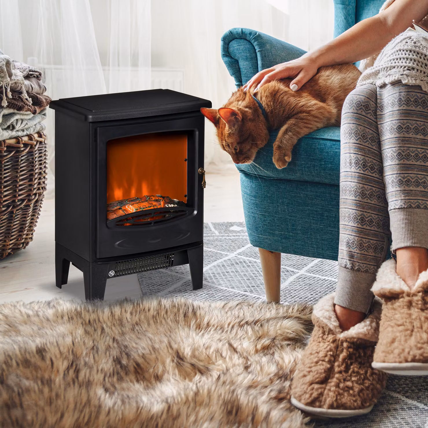 Camino Elettrico HOMCOM con Effetto Fiamma e Temperatura Regolabile, Nero, L 39 cm x P 26 cm x H 54,8 cm – 2