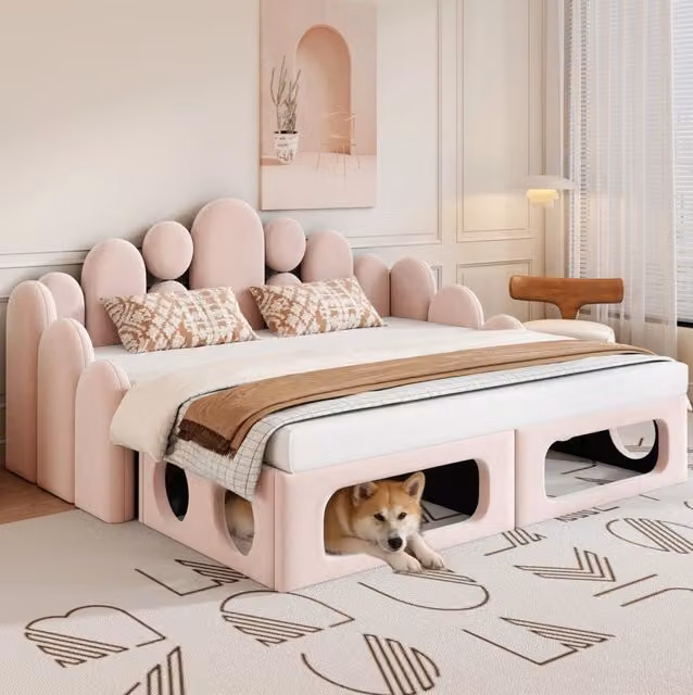 Letto matrimoniale moderno imbottito in velluto rosa con spazio per animale domestico L/P/H: 216.5 x 180 x 105 cm