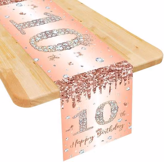 Decorazioni di compleanno per bambine, 10° compleanno, 180x35 cm, runner da tavola color oro rosa, tavola per l'anniversario a casa