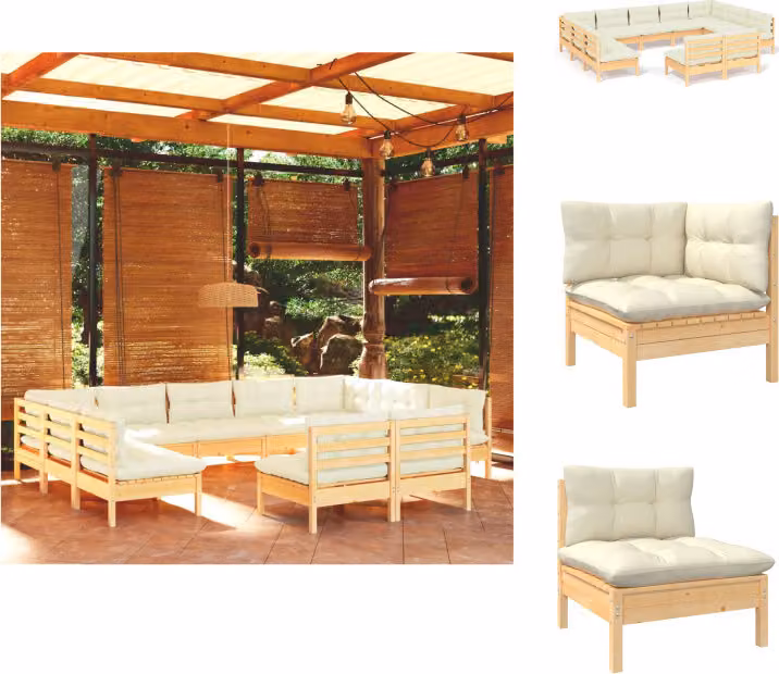 vidaXL set salotto da giardino 11 pezzi con cuscini crema in legno di pino massiccio - Set di mobili da giardino