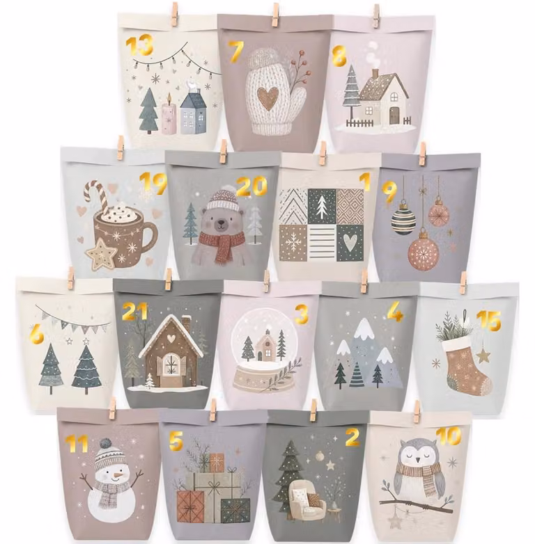 Calendario dell'Avvento da riempire, 24 sacchetti di carta per l'Avvento, mix di colori pastello, kit creativo per realizzare decorazioni con numeri adesivi e graffette di legno
