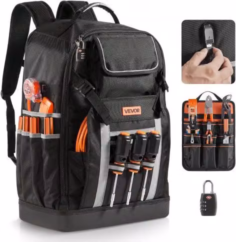 Zaino Portautensili VEVOR in Poliestere con 56 Tasche e Base Sagomata, Colore Nero Grigio Arancione