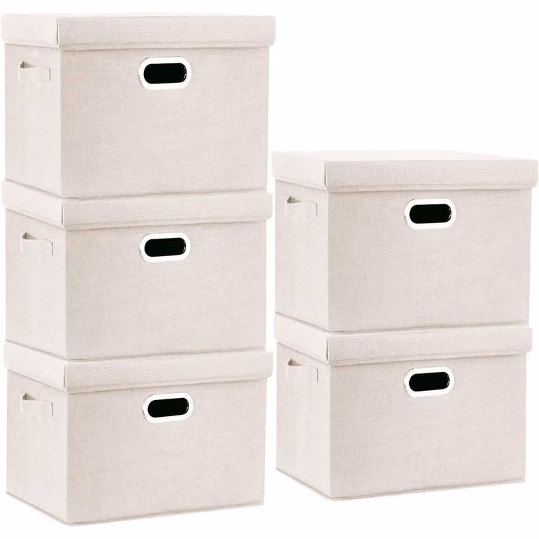 Contenitore con coperchio, in tessuto, pieghevole, lavabile, confezione da 5 pezzi, colore beige, dimensioni 44x30x29 cm