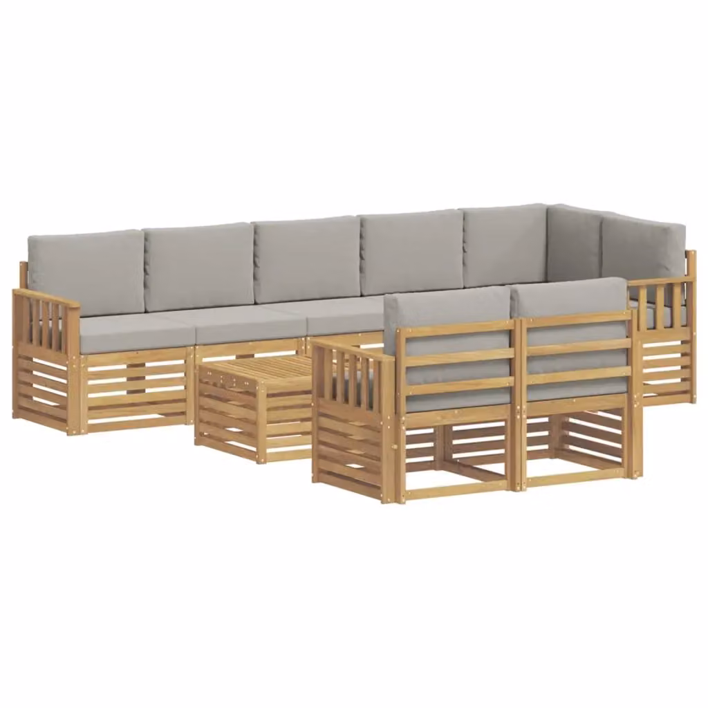 Set di divani da esterno vidaXL a forma di L composto da 9 pezzi con tavolino da caffè, in legno di acacia e tessuto resistente ai raggi UV, colore bianco e grigio – 2