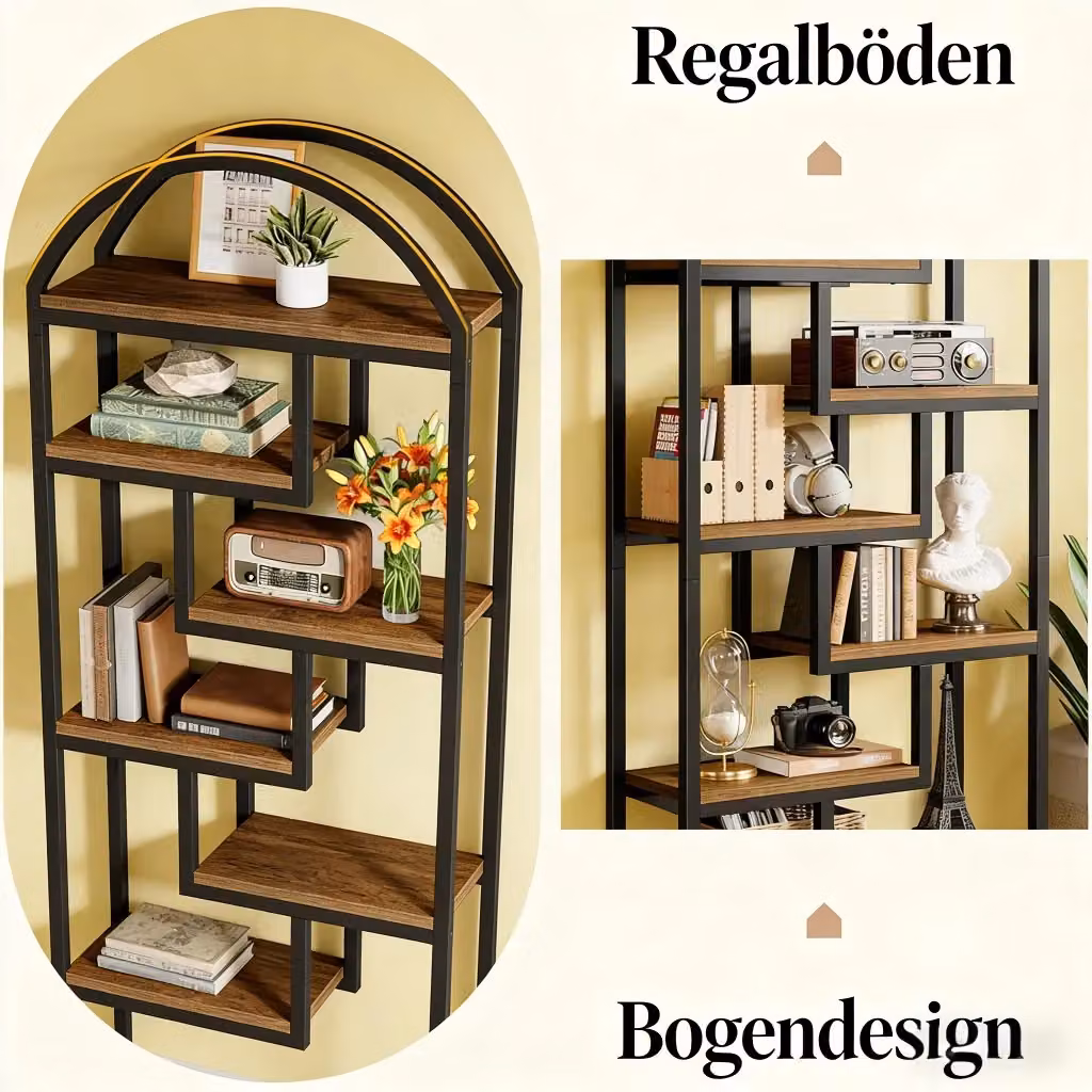 Libreria REDOM in stile industriale in MDF e metallo, Nero e Marrone rustico, Altezza: 180 cm – 2