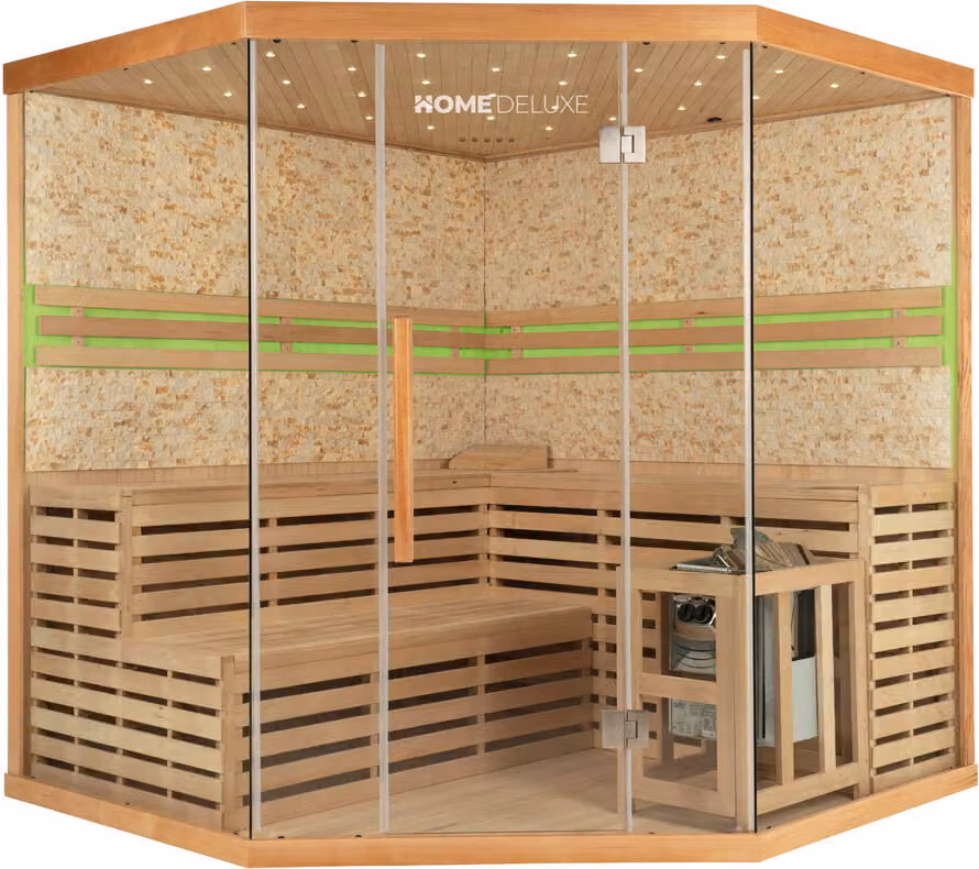 Home Deluxe - Sauna tradizionale - Skyline XL Grande parete in pietra artificiale - 200 x 200 x 210 cm, per 2-6 persone, hemlock, incl. accessori sauna I Sauna a vapore Sauna a infusione Sauna finlandesesauna