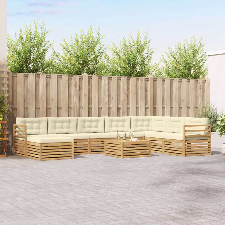 vidaXL Set di divani da esterno moderno a L in legno di acacia con cuscini, 9 pezzi, Bianco e Beige