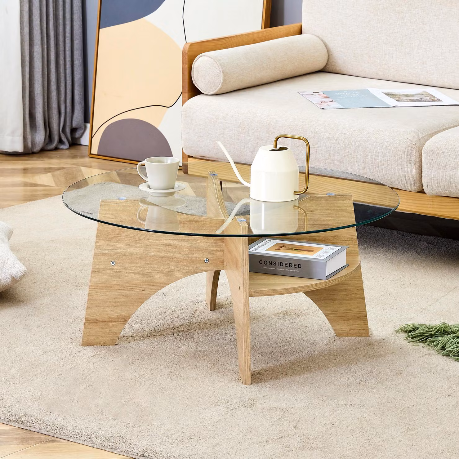 Tavolino da caffè rotondo, diametro 80 cm, trasparente, struttura a settori, gambe in MDF, aspetto legno (Trasparente, Legno)