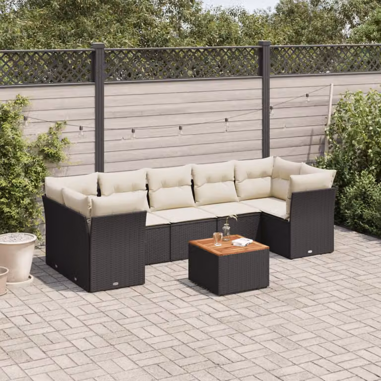 Set di divani da giardino vidaXL in polyrattan nero con cuscini e tavolino da esterno 8 pz