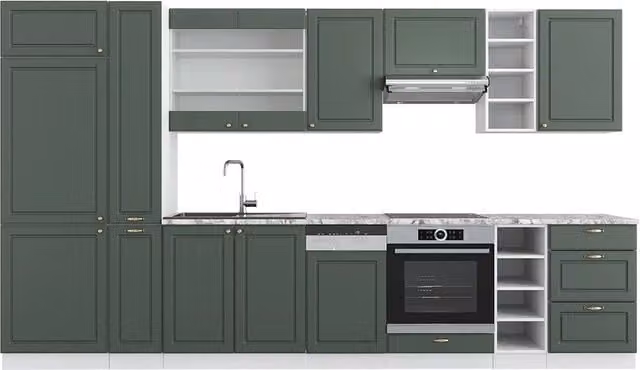Cucina componibile Fame-Line Vicco in stile country house, colore verde e bianco con piano in marmo, L: 355 cm
