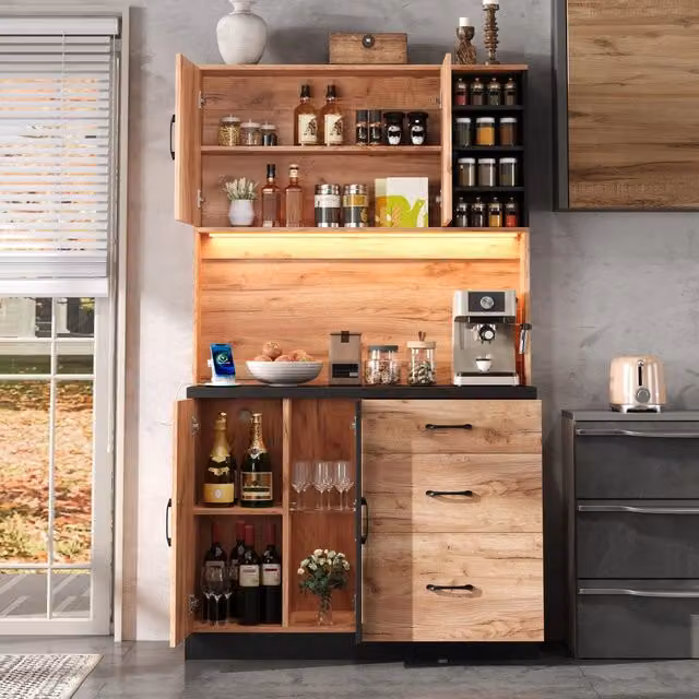Mobile colonna da cucina Mivray in MDF con ante in vetro, illuminazione integrata e ripiani interni, disponibile in bianco o marrone, L: 105 cm, P: 40 cm, H: 180 cm
