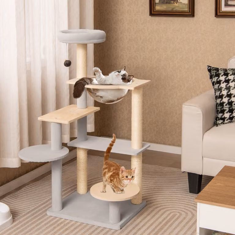 Albero per gatti Costway a più livelli con piattaforma imbottita rimovibile e amaca, centro attività per gatti da interno, Grigio, Altezza: 113 cm