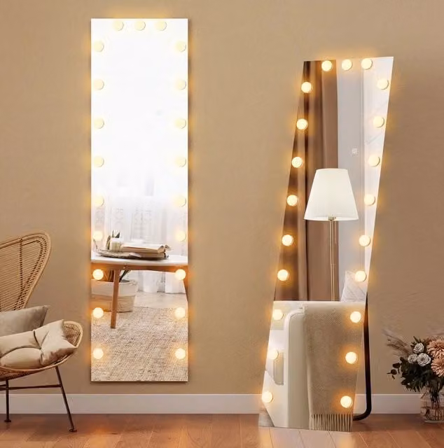 Specchio da terra ULEVR 40x150 cm con 21 lampadine RGB, touch e memoria, vetro temperato senza cornice