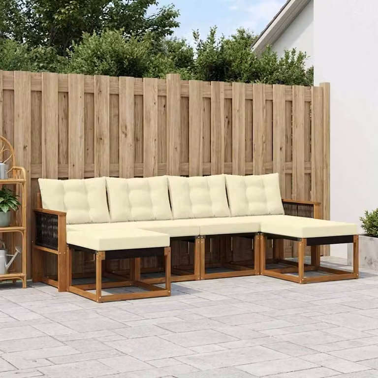 Set di divani da esterno vidaXL 6 pz a forma di L in legno di acacia con cuscini beige e bianco