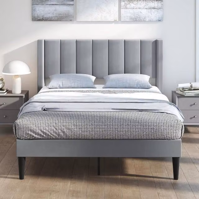 Letto Matrimoniale Imbottito Costway in Velluto Grigio con Supporto a Doghe in Legno, L/P: 140 x 200 cm