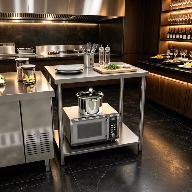 Tavolo da lavoro in acciaio inox multifunzionale a 2 ripiani, stabile per cucina, garage e giardino, dimensioni 90 x 60 x 86 cm