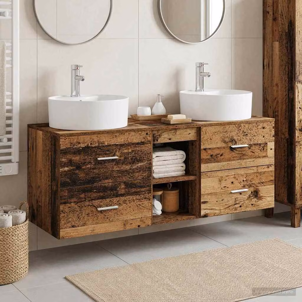 Set di 3 mobili da bagno moderni vidaXL in legno marrone, comprensivo di mobile lavabo e pensili, L 129 cm x P 44,5 cm x H 82 cm