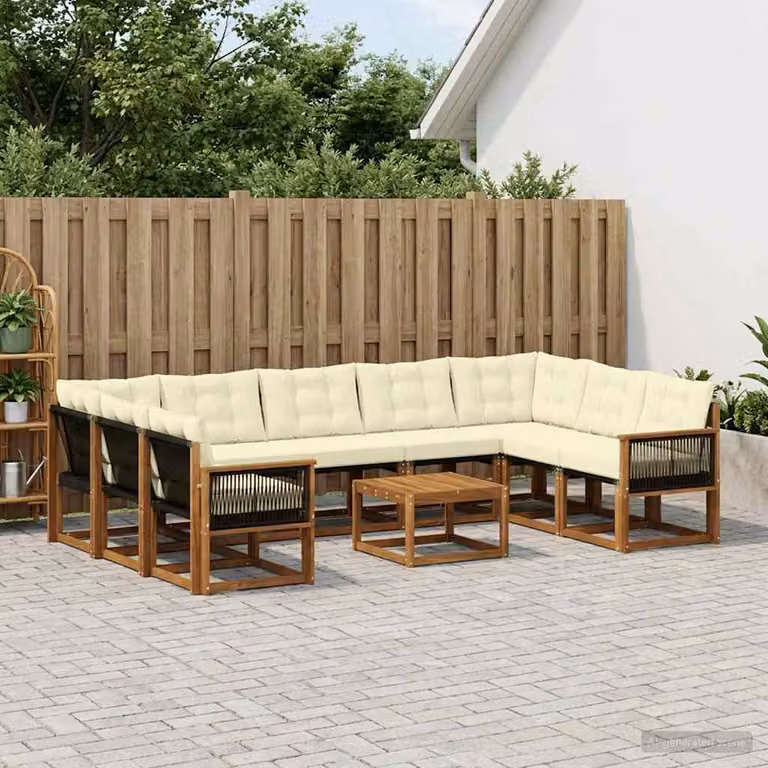 Set di divani da esterno vidaXL a forma di U in legno di acacia con cuscini beige e bianco
