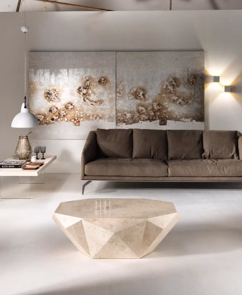 Tavolino da soggiorno rettangolare in pietra naturale e legno GIORDANOSHOP colore beige L: 120 cm, P: 70 cm, H: 40 cm – 2