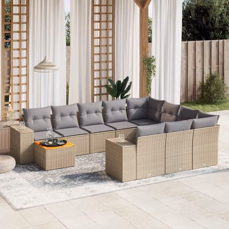 vidaXL Set Divani da Giardino 11 pz a Forma di L con Cuscini Beige e Grigio in Polyrattan e Legno di Acacia