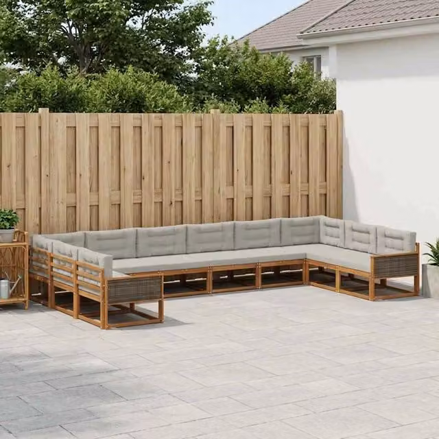 Set di divani da esterno a forma di U vidaXL in legno di acacia con cuscini beige e grigi – 1