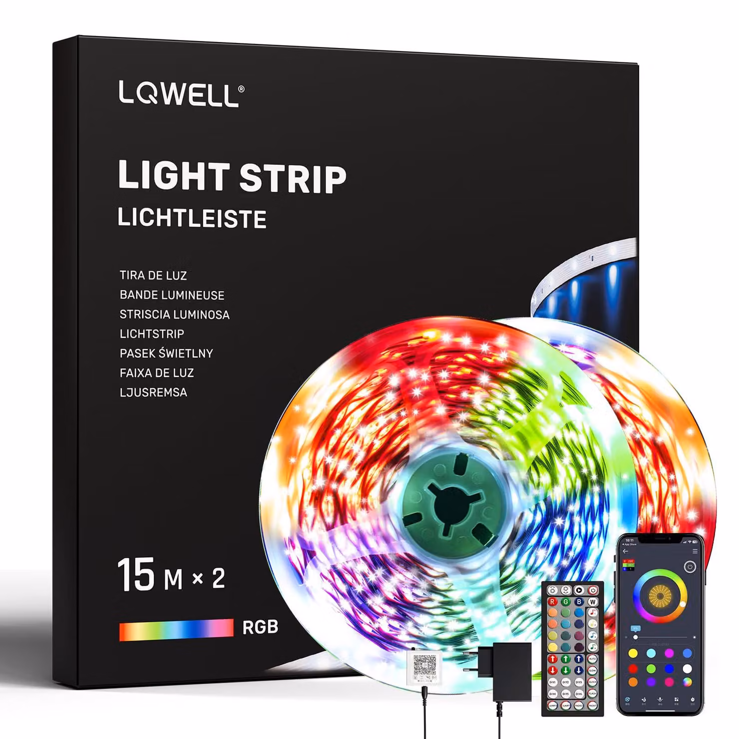 Striscia LED LQWELL® da 30 metri (2 rotoli da 15 metri), con telecomando e controllo tramite app, sincronizzazione musicale, cambio colore, luce RGB, Bluetooth, ideale per feste, casa, camera da letto, televisore