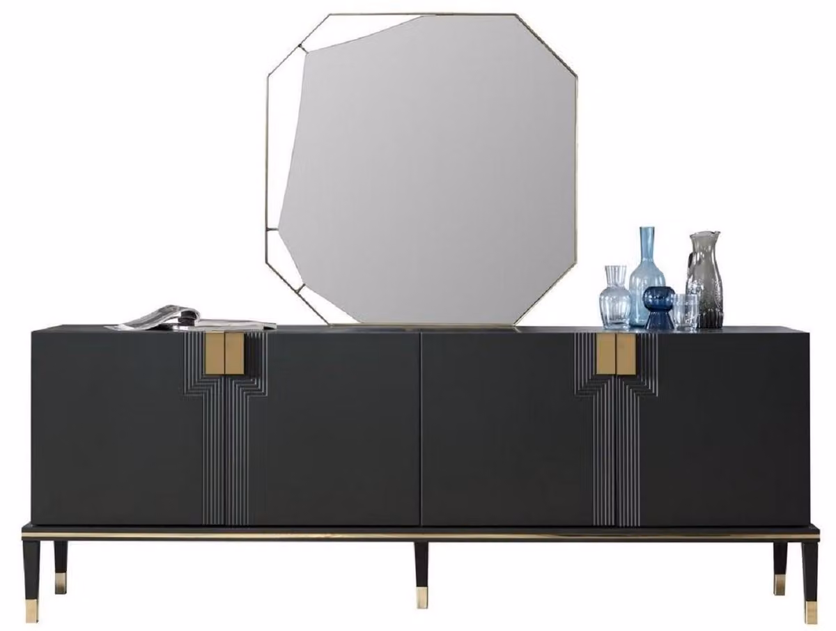 Casa Padrino set di mobili nero / oro - 1 credenza con 4 ante e 1 specchio - Mobili moderni in legno massiccio - Collezione