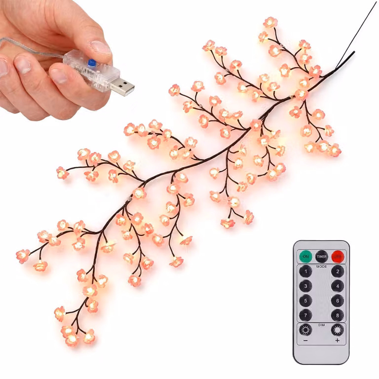 Catena luminosa a LED a forma di fiori di ciliegio, 230 cm, 144 LED, alimentazione USB, con telecomando