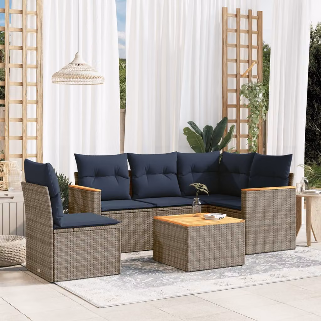 Set Divani da Giardino vidaXL 6 pz in Polyrattan con Tavolino e Cuscini Blu e Grigio con Struttura in Acciaio e Legno di Acacia
